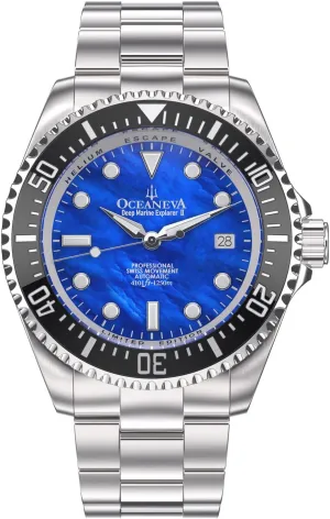 Men's Deep Marine Explorer II Watch Blue Mother of Pearl - Mens Automatic Watch for Diving - 1250M Pro Diver Wrist Dive Watches for Men - Swiss Automatic Movement & Stainless Steel Bracelet