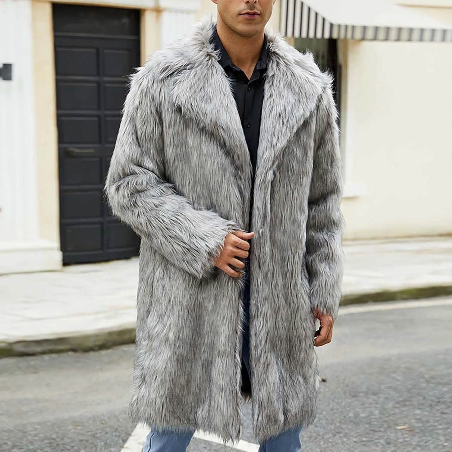 Men's Faux Fur Coat Long Open Front Cardigan Winter Fuzzy Fleece Jacket Warm Overcoat Turn Down Collar Coat
