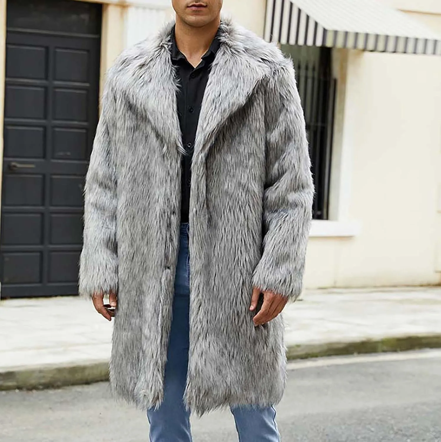 Men's Faux Fur Coat Long Open Front Cardigan Winter Fuzzy Fleece Jacket Warm Overcoat Turn Down Collar Coat