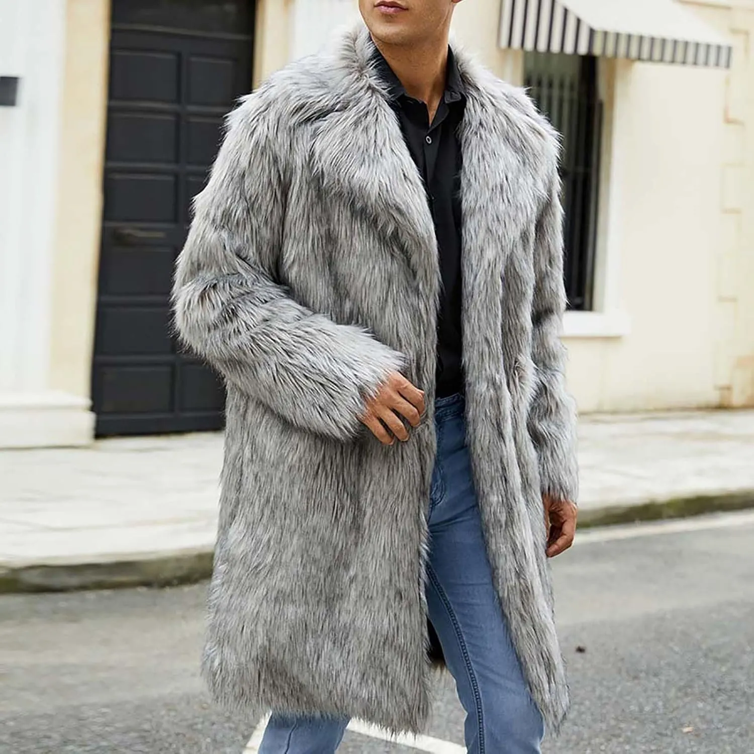 Men's Faux Fur Coat Long Open Front Cardigan Winter Fuzzy Fleece Jacket Warm Overcoat Turn Down Collar Coat