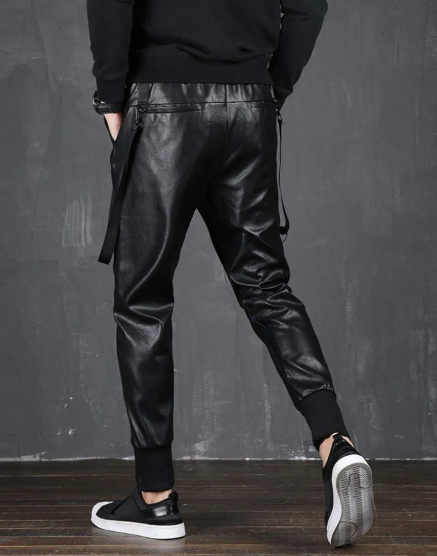 Men`s Faux Leather Joggers PU Motorcycle Harem Sweat Pants