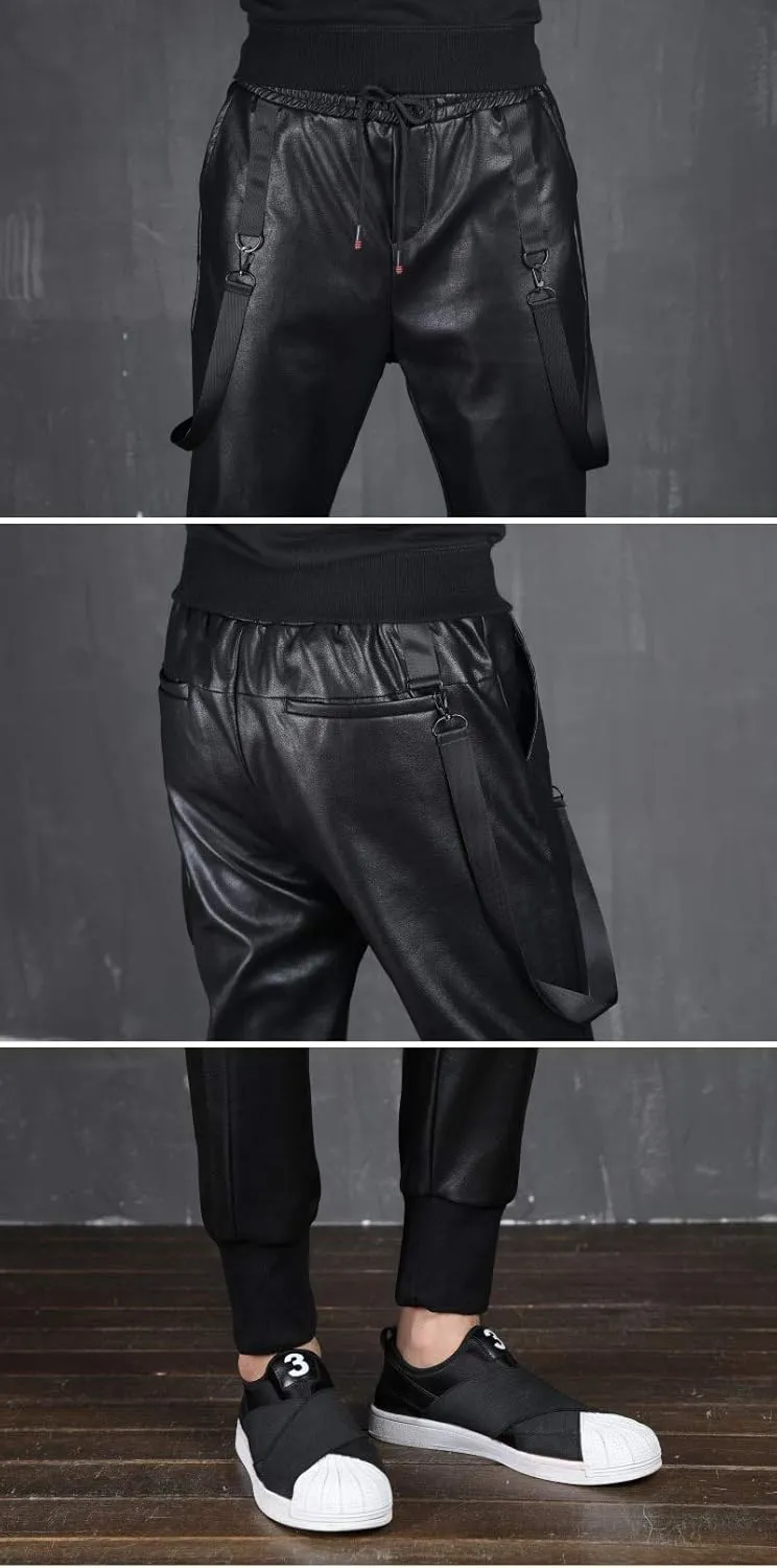 Men`s Faux Leather Joggers PU Motorcycle Harem Sweat Pants