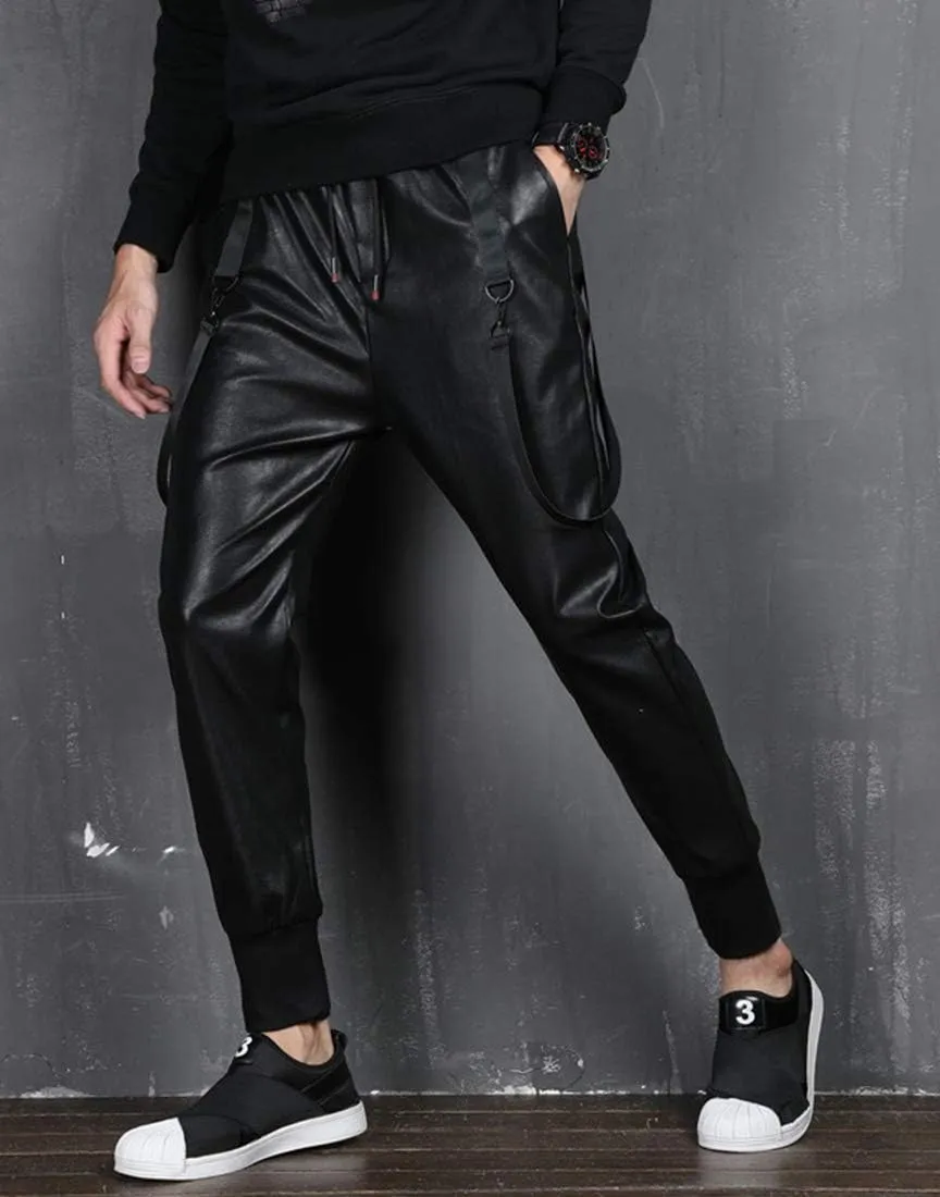 Men`s Faux Leather Joggers PU Motorcycle Harem Sweat Pants