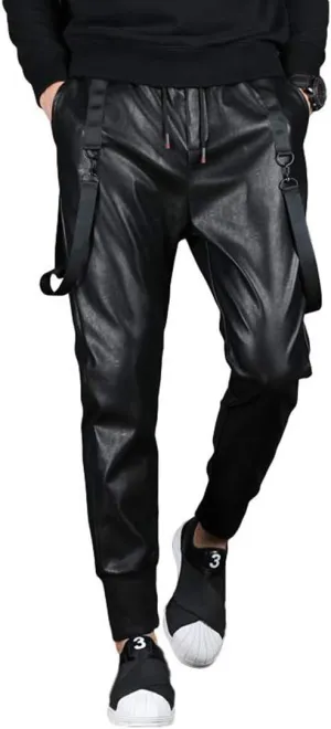 Men`s Faux Leather Joggers PU Motorcycle Harem Sweat Pants