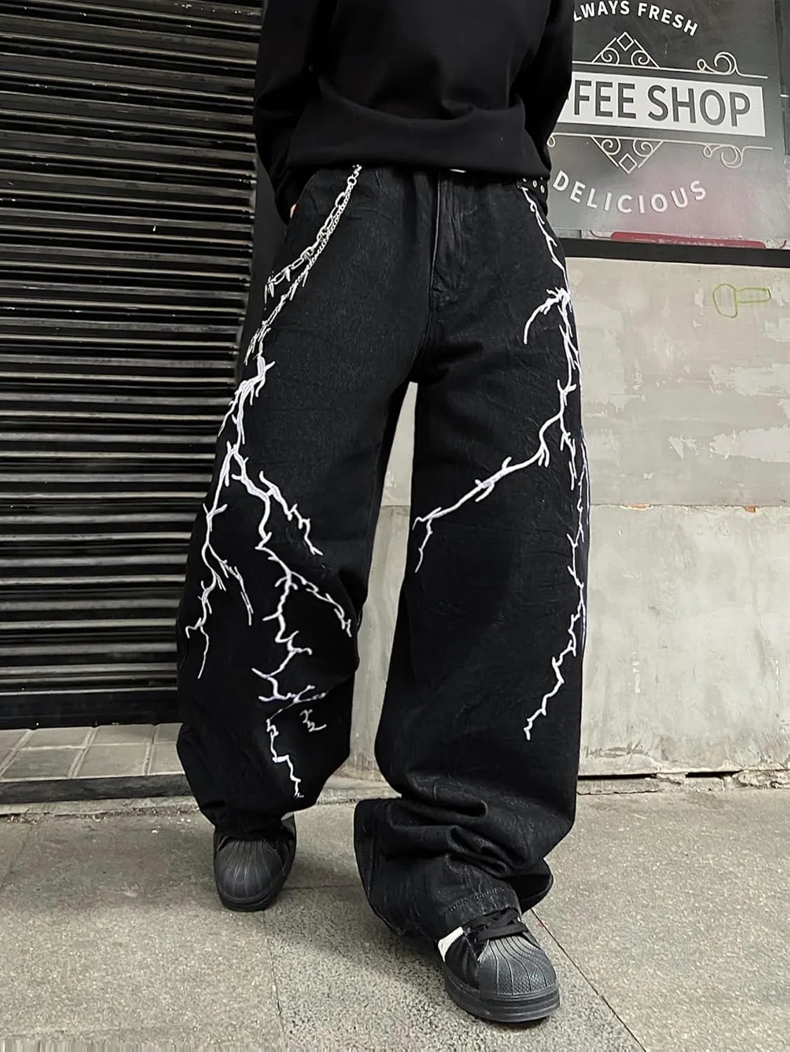 Men's Hip-hop Embroidered Baggy Jeans Loose Fit Denim Black Trousers
