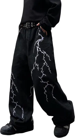 Men's Hip-hop Embroidered Baggy Jeans Loose Fit Denim Black Trousers