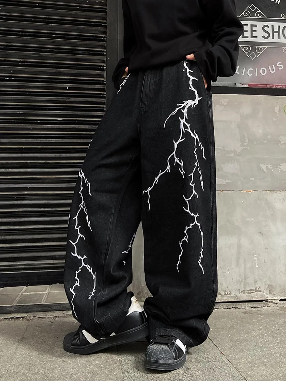 Men's Hip-hop Embroidered Baggy Jeans Loose Fit Denim Black Trousers