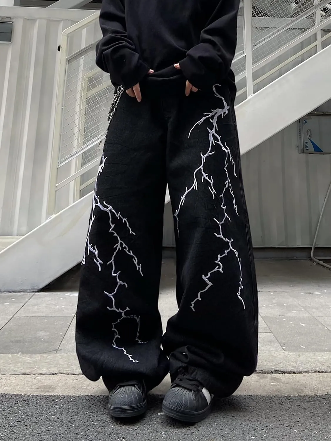 Men's Hip-hop Embroidered Baggy Jeans Loose Fit Denim Black Trousers