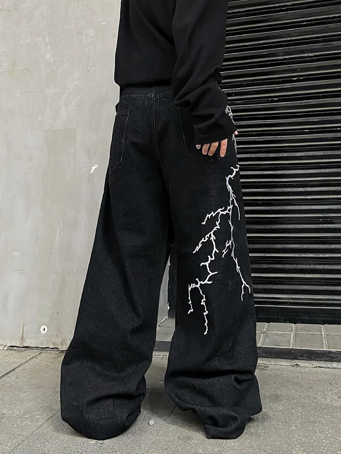 Men's Hip-hop Embroidered Baggy Jeans Loose Fit Denim Black Trousers