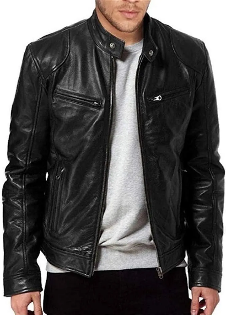Mens Jacket and Autumn Loose Solid Color Zip PU Leather Jacket Short Lapel Motorcycle Leather Jacket Coat Faux