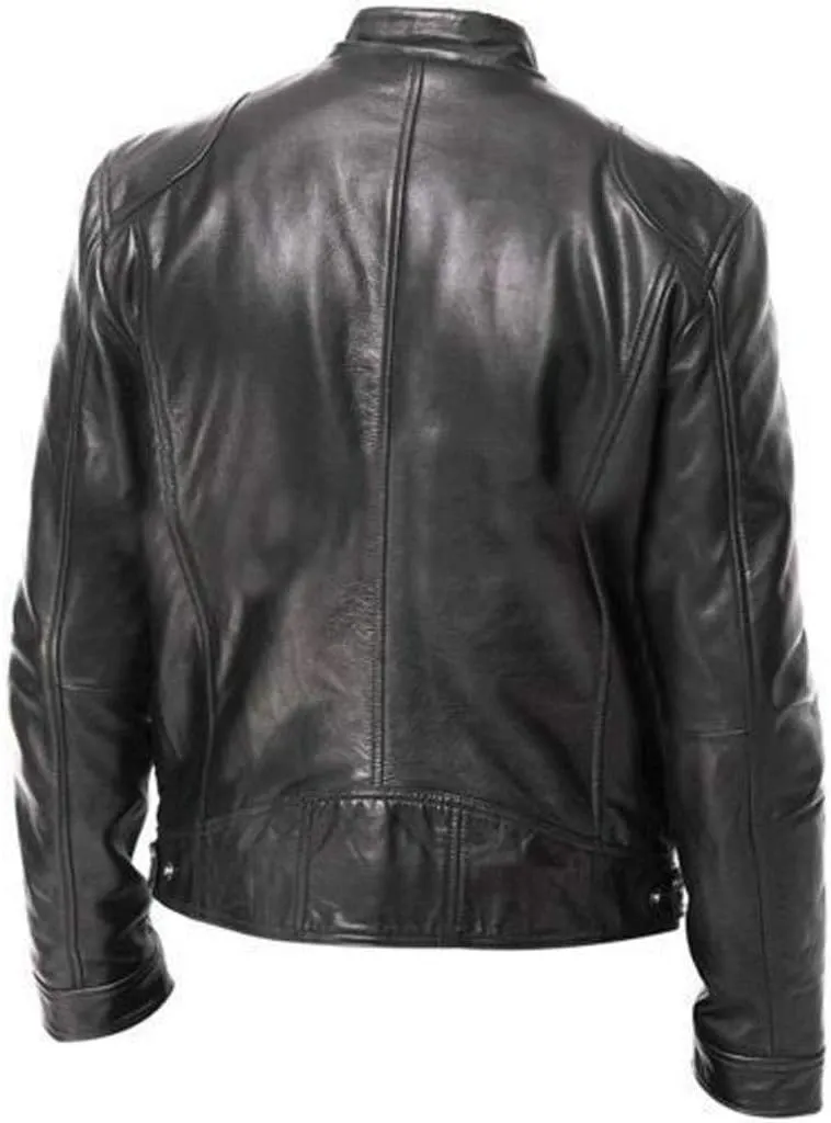 Mens Jacket and Autumn Loose Solid Color Zip PU Leather Jacket Short Lapel Motorcycle Leather Jacket Coat Faux