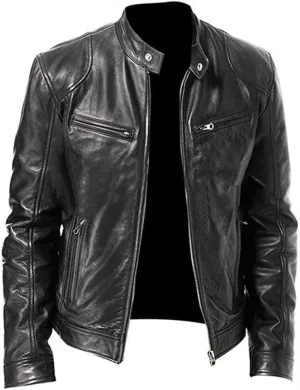 Mens Jacket and Autumn Loose Solid Color Zip PU Leather Jacket Short Lapel Motorcycle Leather Jacket Coat Faux