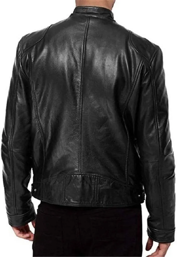 Mens Jacket and Autumn Loose Solid Color Zip PU Leather Jacket Short Lapel Motorcycle Leather Jacket Coat Faux