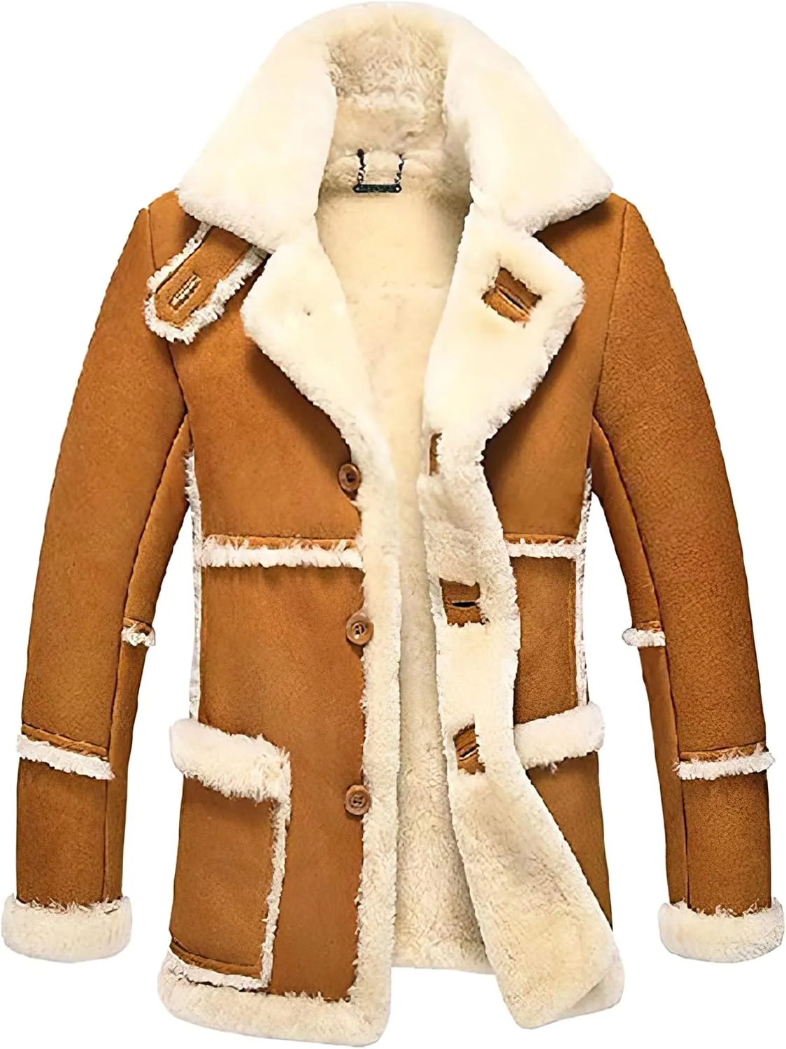 Mens RAF Aviator Yellow Sheepskin Leather Faux Fur Single Breasted Coat - B3 Bomber Flying Pilot Mid Length Trench Coat Men