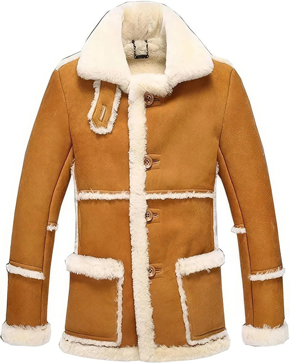 Mens RAF Aviator Yellow Sheepskin Leather Faux Fur Single Breasted Coat - B3 Bomber Flying Pilot Mid Length Trench Coat Men