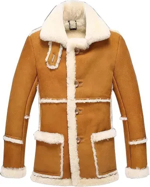 Mens RAF Aviator Yellow Sheepskin Leather Faux Fur Single Breasted Coat - B3 Bomber Flying Pilot Mid Length Trench Coat Men