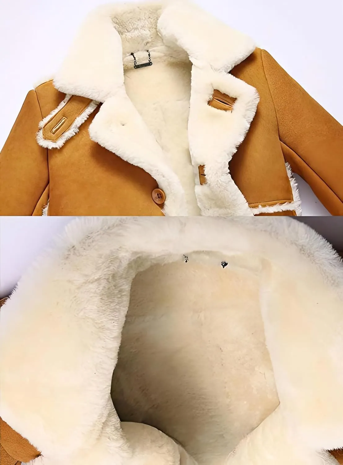 Mens RAF Aviator Yellow Sheepskin Leather Faux Fur Single Breasted Coat - B3 Bomber Flying Pilot Mid Length Trench Coat Men