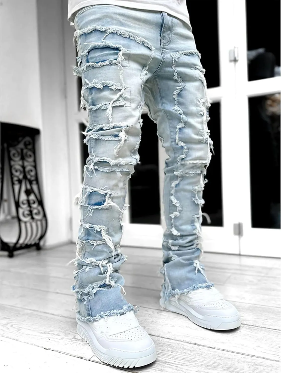 Mens Stacked Jeans Y2k Slim Fit Skinny Ripped Jeans Distressed Destroyed Denim Pants Emo Hip Hop Jeans