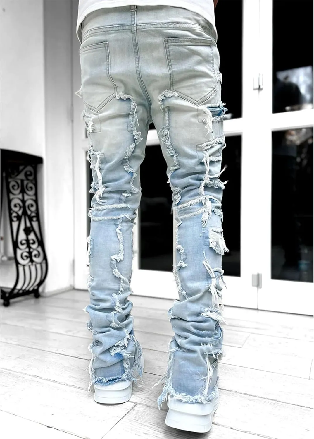 Mens Stacked Jeans Y2k Slim Fit Skinny Ripped Jeans Distressed Destroyed Denim Pants Emo Hip Hop Jeans