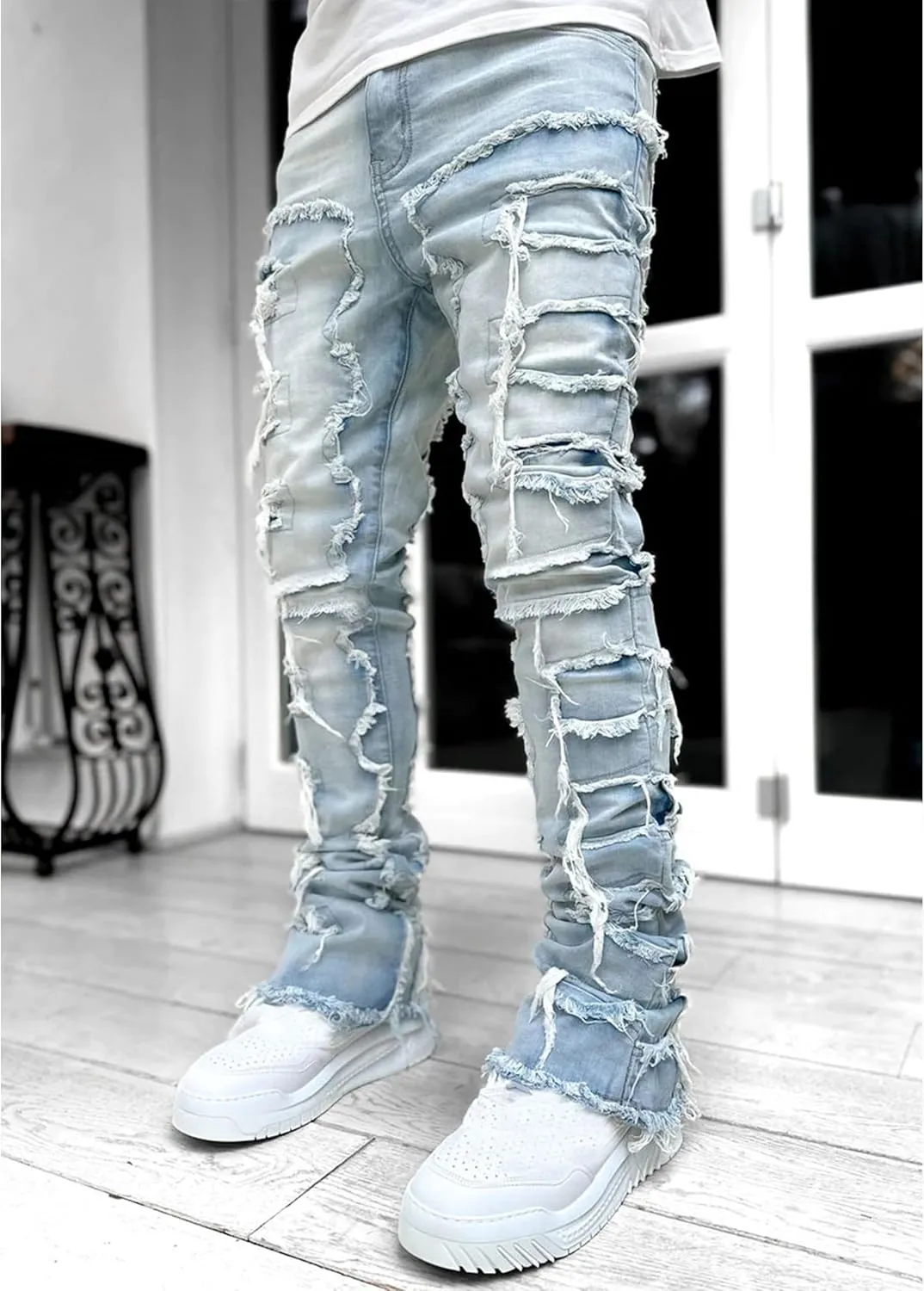 Mens Stacked Jeans Y2k Slim Fit Skinny Ripped Jeans Distressed Destroyed Denim Pants Emo Hip Hop Jeans