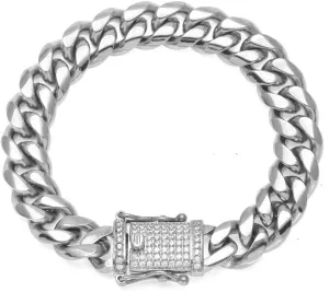 Mens Stainless Steel Bracelets Luxury Zirconia Triple Lock Clasp Thick Bracelet Charm Hiphop CZ Jewelry (Steel Color-width 14mm 8inch)