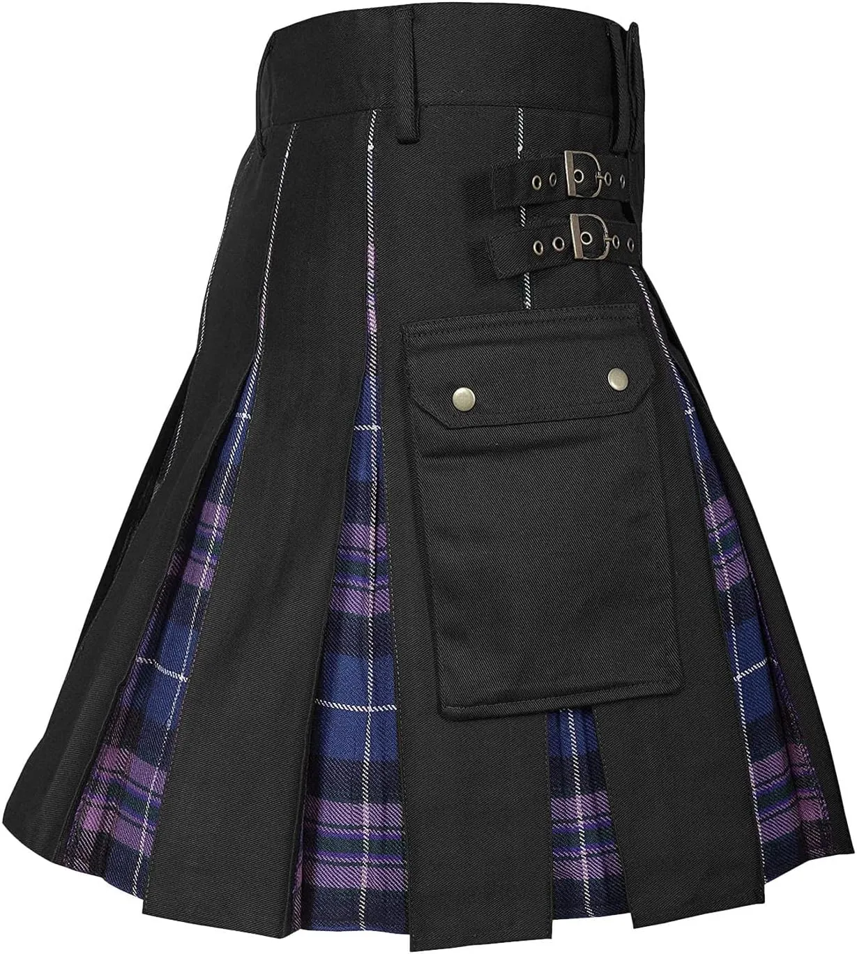 Mens Tartan Utility Kilts 2024 Color Pocket Pleated Skirt Highland Tartan Utility Kilt Tartan Kilt for Men Black