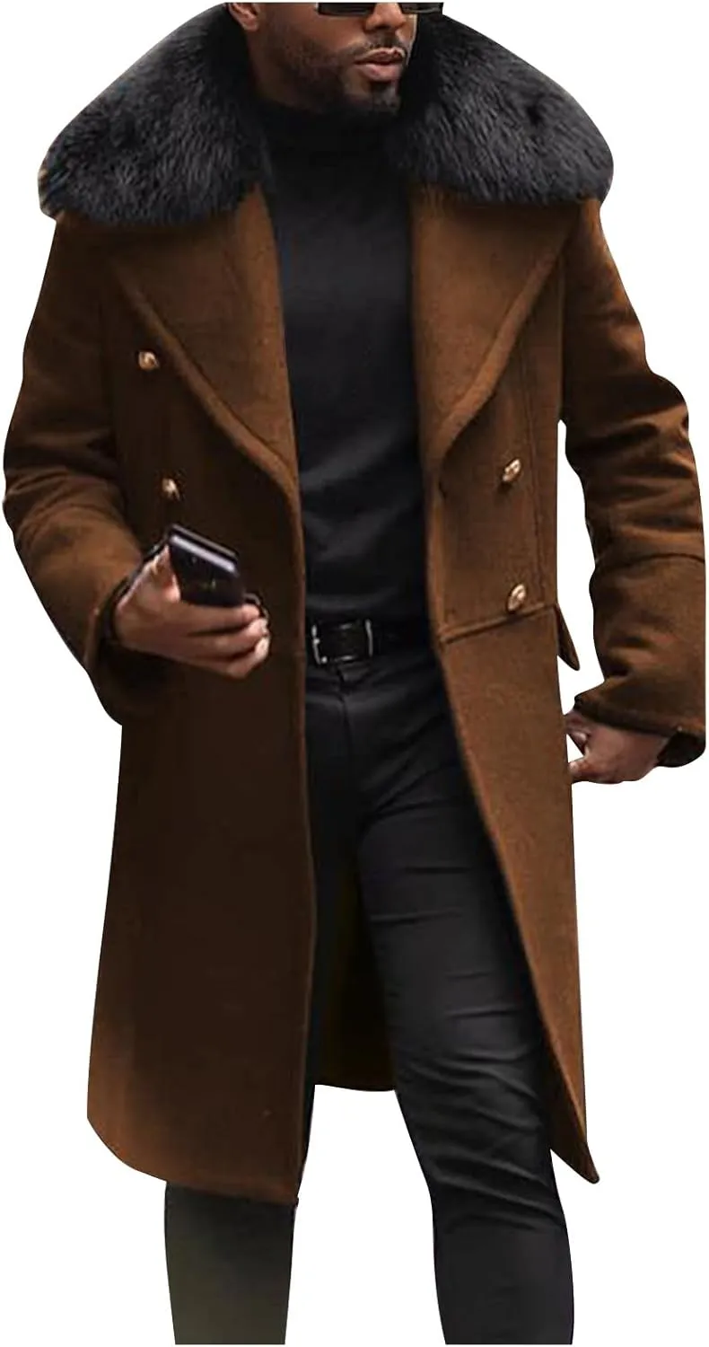 Men's Winter Overcoat Lapel Double Breasted Mid Trench Coat Casual Slim Cotton Blend Pea Coat with Faux Fur Collar