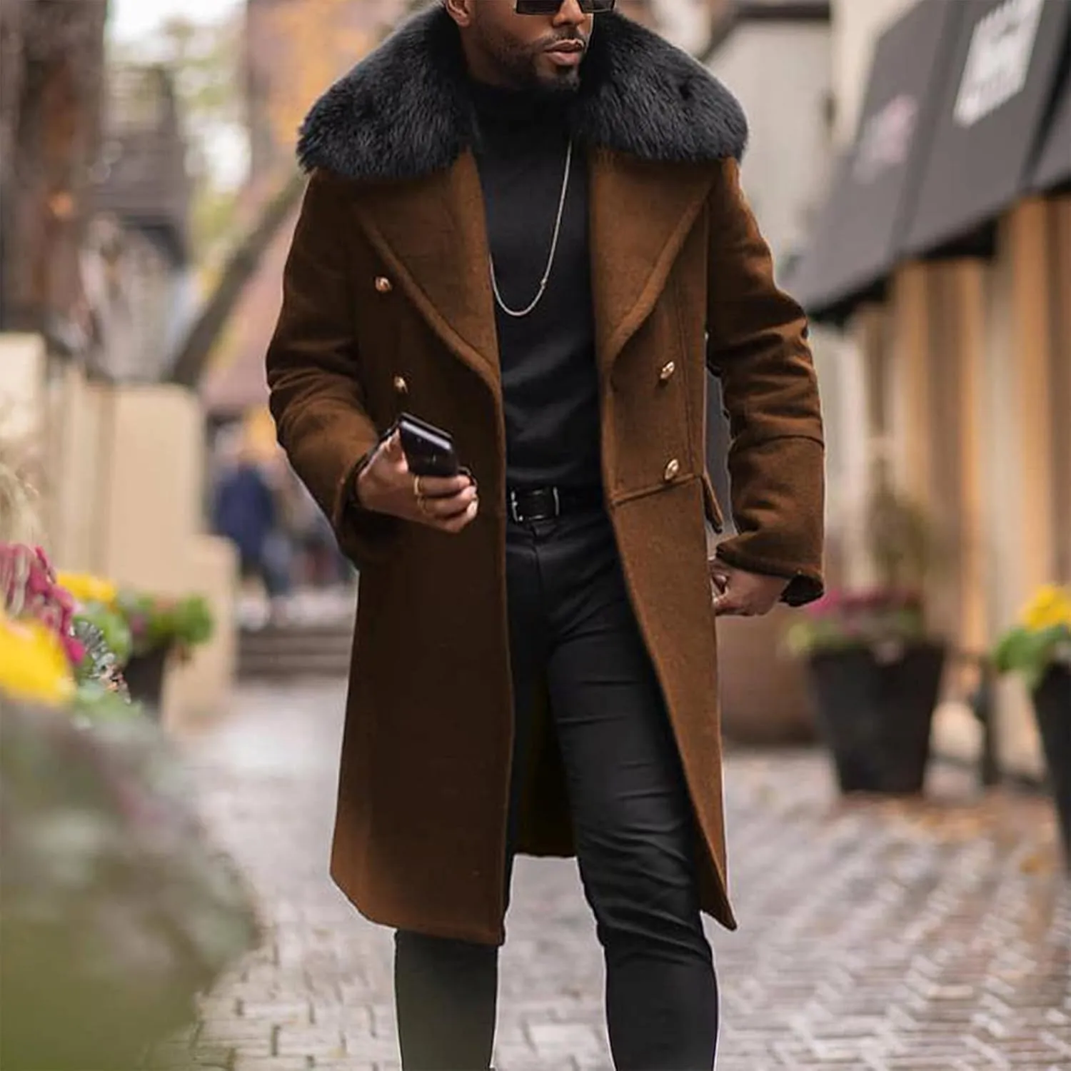 Men's Winter Overcoat Lapel Double Breasted Mid Trench Coat Casual Slim Cotton Blend Pea Coat with Faux Fur Collar