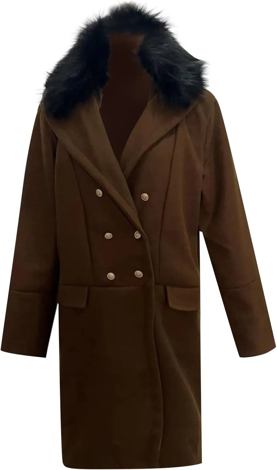 Men's Winter Overcoat Lapel Double Breasted Mid Trench Coat Casual Slim Cotton Blend Pea Coat with Faux Fur Collar