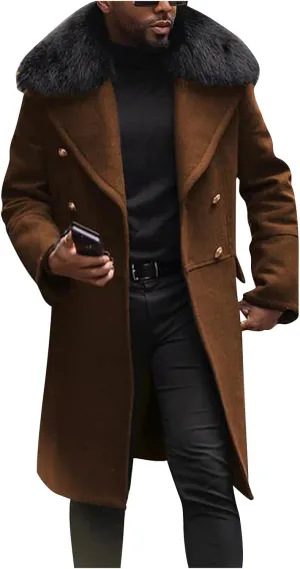 Men's Winter Overcoat Lapel Double Breasted Mid Trench Coat Casual Slim Cotton Blend Pea Coat with Faux Fur Collar