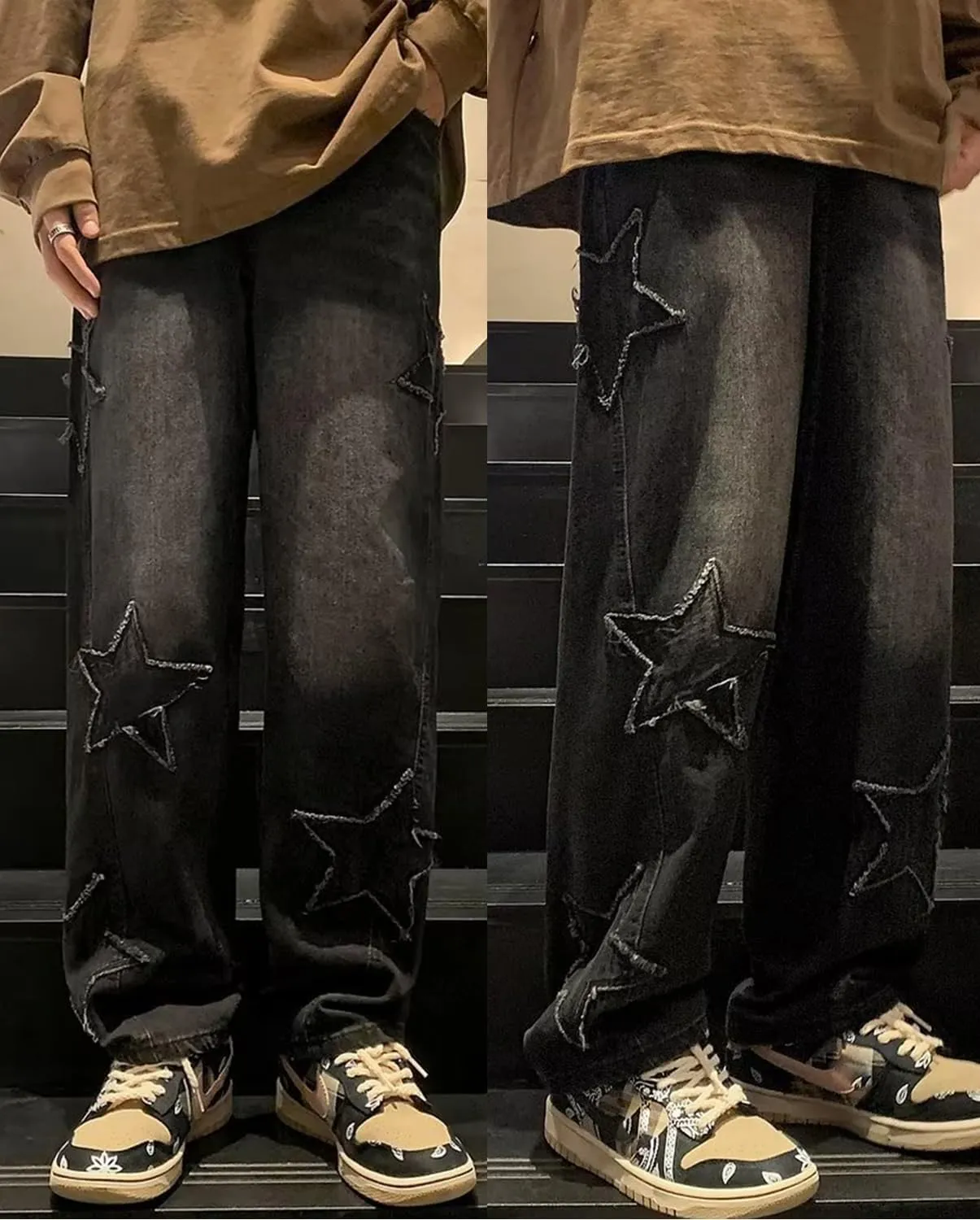 Mens Y2k Star Jeans High Waisted Hip Hop Streetwear Jeans Loose Baggy Embroidery Aesthetic Harajuku Denim Pants