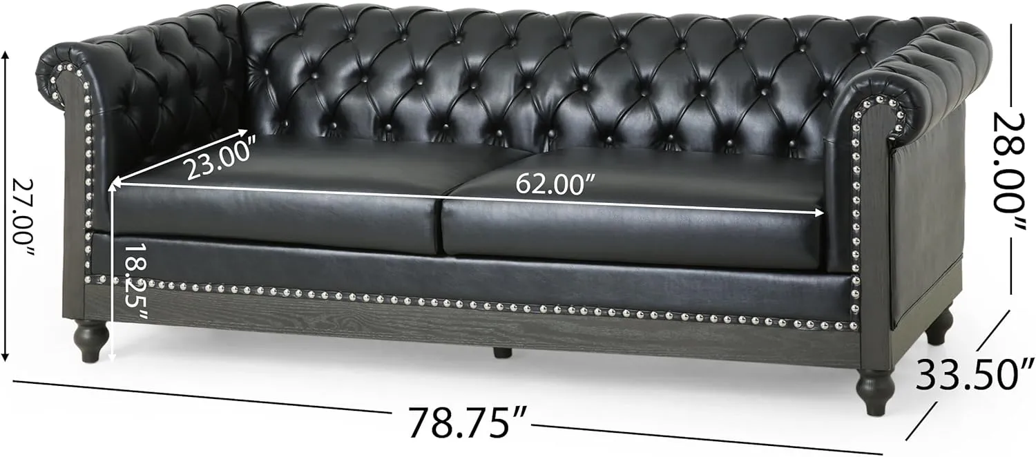 Merax PU Chesterfield Sofa, Retro Upholstered 3 Seater Leather Couch Rolled Arm for Living Room Bedroom Office, Black