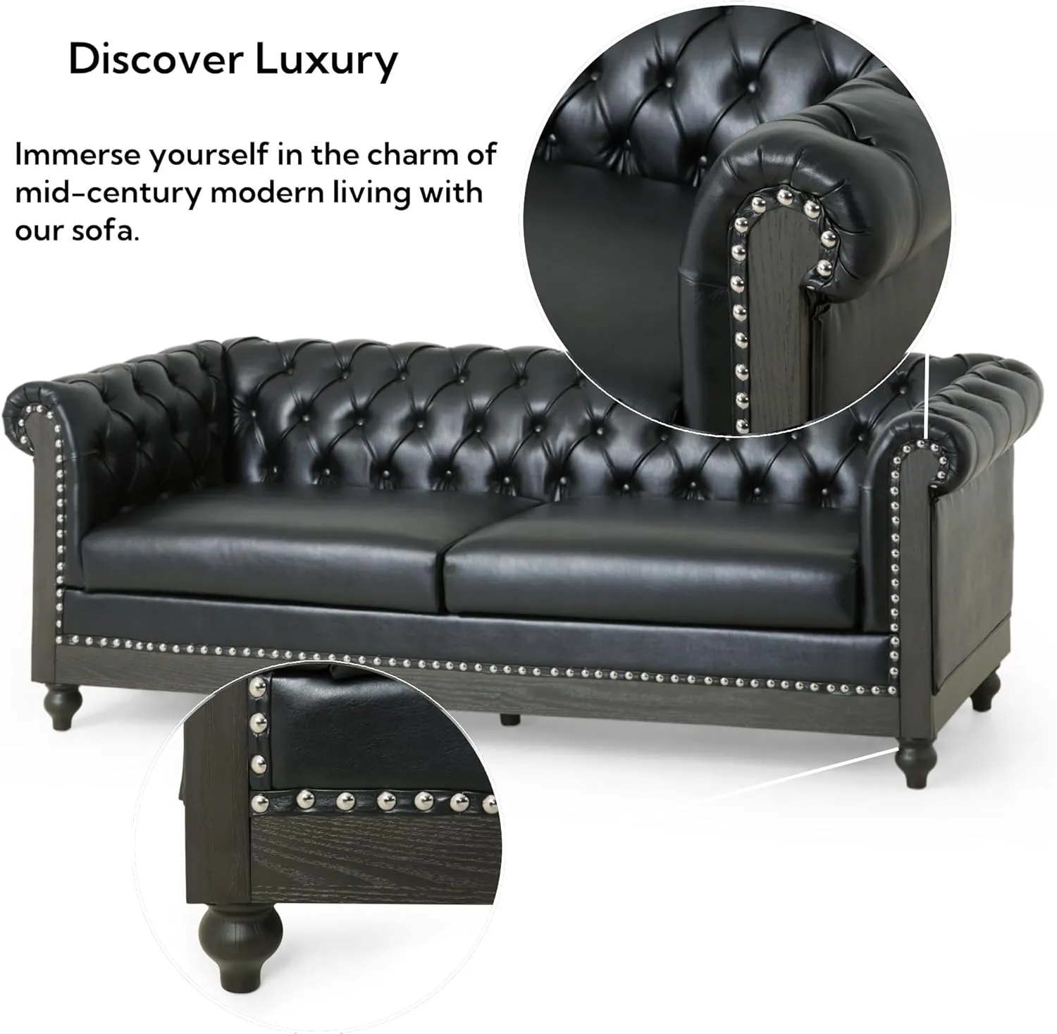 Merax PU Chesterfield Sofa, Retro Upholstered 3 Seater Leather Couch Rolled Arm for Living Room Bedroom Office, Black