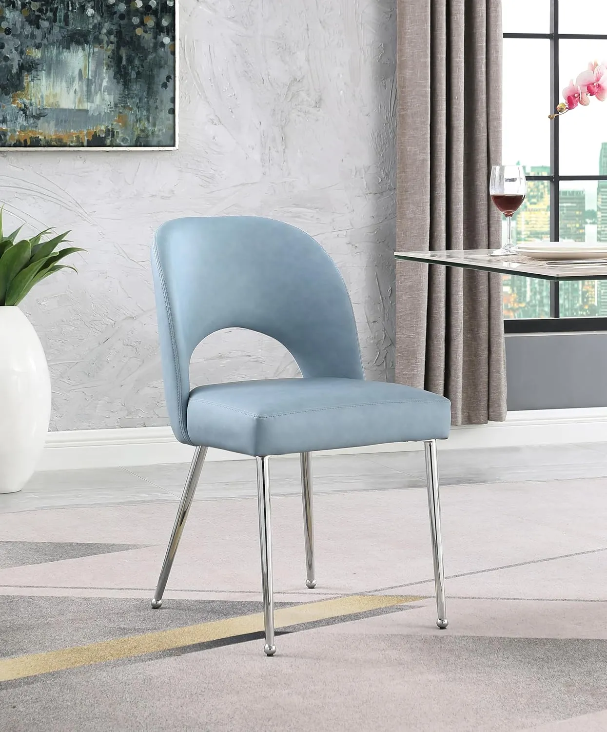 Meridian Furniture 999LtBlu-C Logan Collection Modern | Contemporary Vegan Leather Upholstered Dining Chair, Set of 2, Light Blue, 19.5" W x 22" D x 34" H