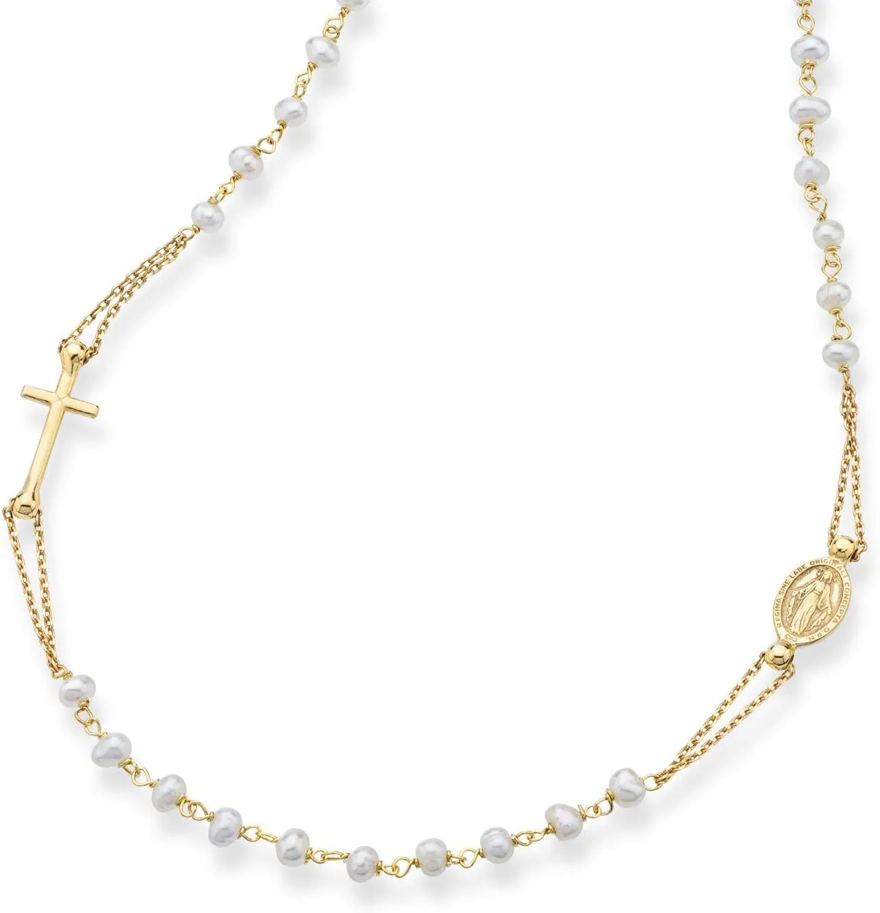 Miabella 18K Gold Over 925 Sterling Silver Handmade Italian White Freshwater Pearl Ball Beaded Sideways Rosary Cross Necklace for Women, Made in Italy