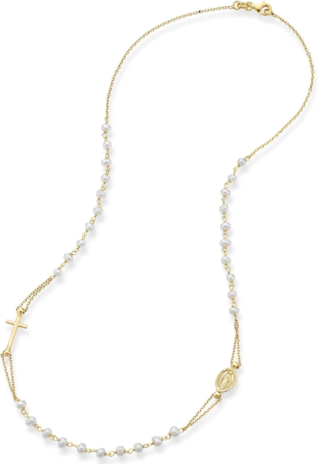 Miabella 18K Gold Over 925 Sterling Silver Handmade Italian White Freshwater Pearl Ball Beaded Sideways Rosary Cross Necklace for Women, Made in Italy