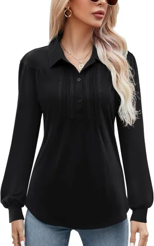 Micoson Polo Shirts for Women Long Sleeve Button Down Collared Tops Loose Casual Tunic Blouses