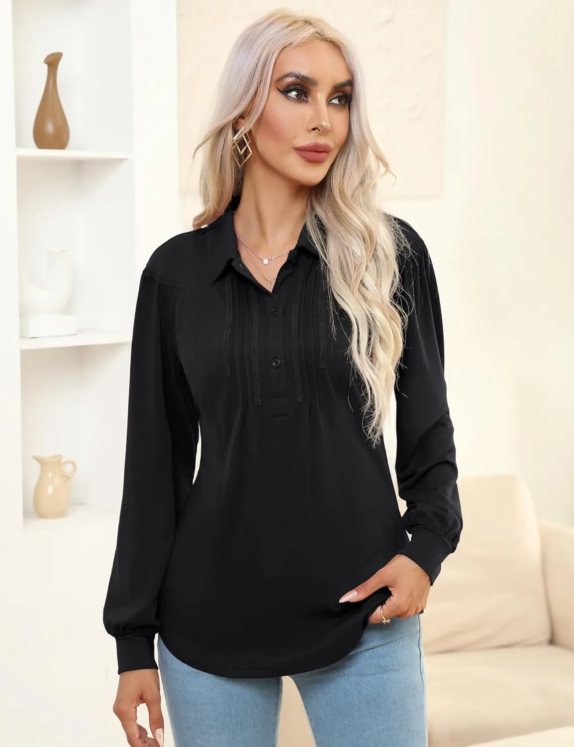 Micoson Polo Shirts for Women Long Sleeve Button Down Collared Tops Loose Casual Tunic Blouses