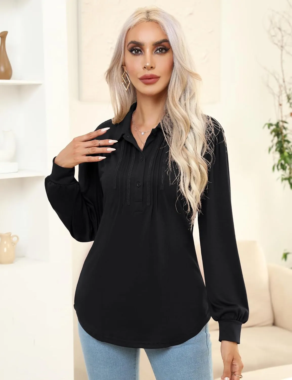 Micoson Polo Shirts for Women Long Sleeve Button Down Collared Tops Loose Casual Tunic Blouses