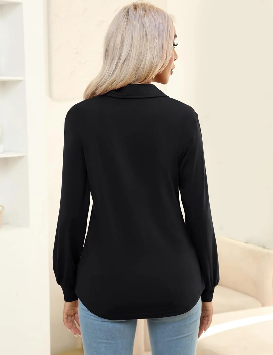 Micoson Polo Shirts for Women Long Sleeve Button Down Collared Tops Loose Casual Tunic Blouses