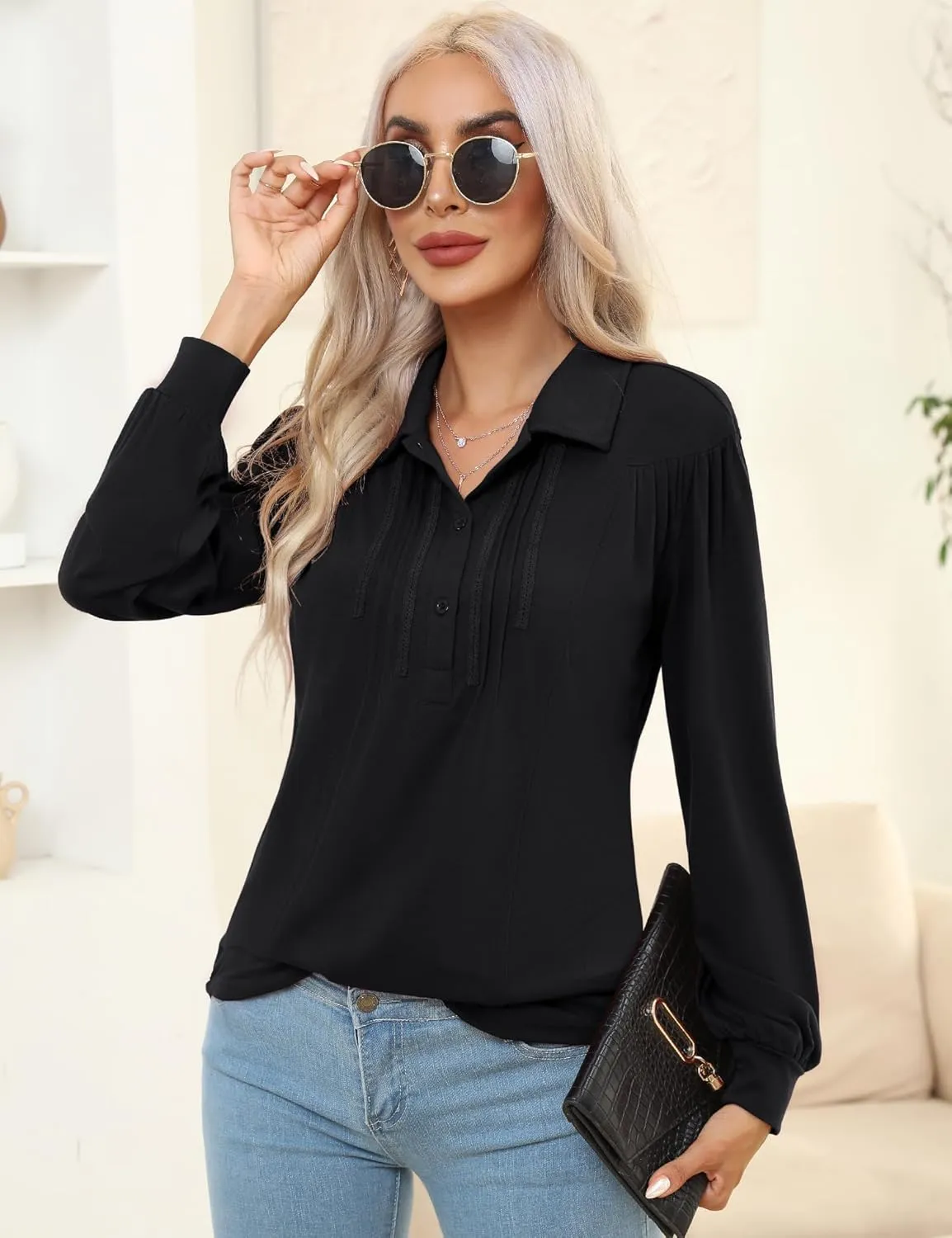 Micoson Polo Shirts for Women Long Sleeve Button Down Collared Tops Loose Casual Tunic Blouses