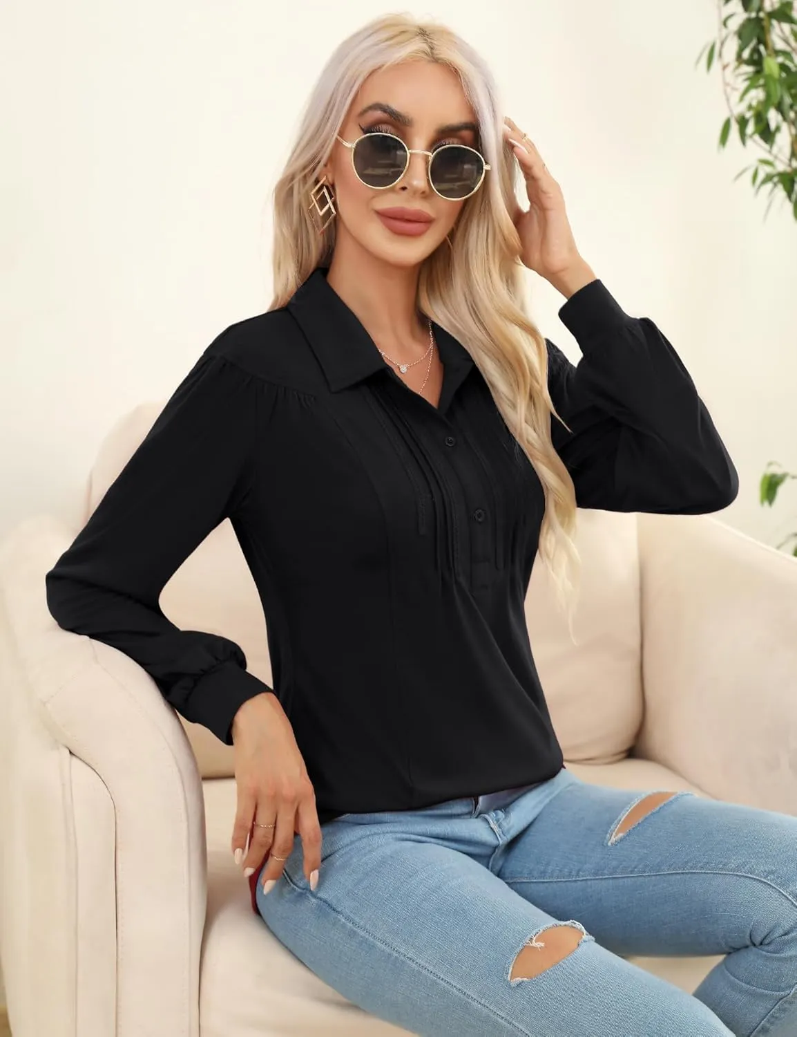 Micoson Polo Shirts for Women Long Sleeve Button Down Collared Tops Loose Casual Tunic Blouses