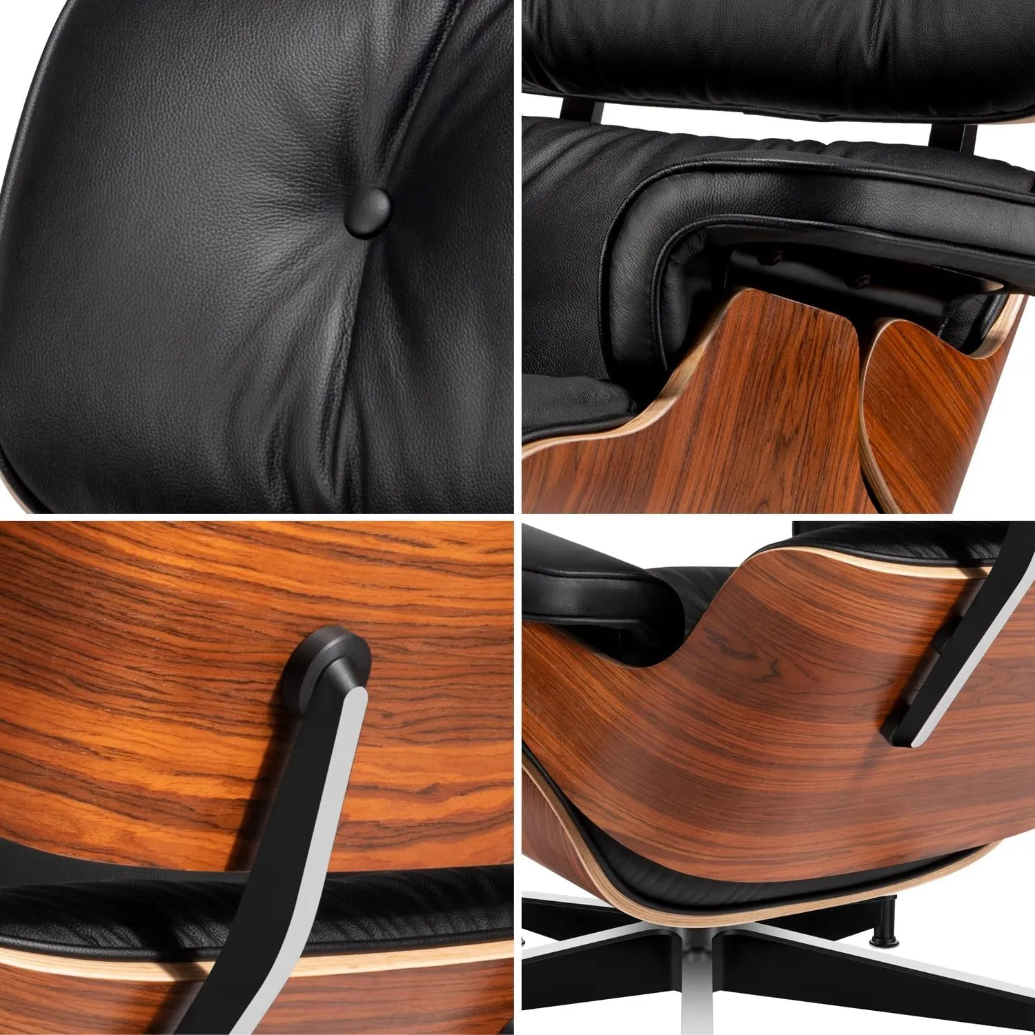 Mid Century Chaise Lounge Chair and Ottoman Top Grain Leather Classic Accent Chairs 360° swivel base with 15° Perma-tilt Quality Wooden Shell Lounge Chair for Living Room Study Reading - Palisander