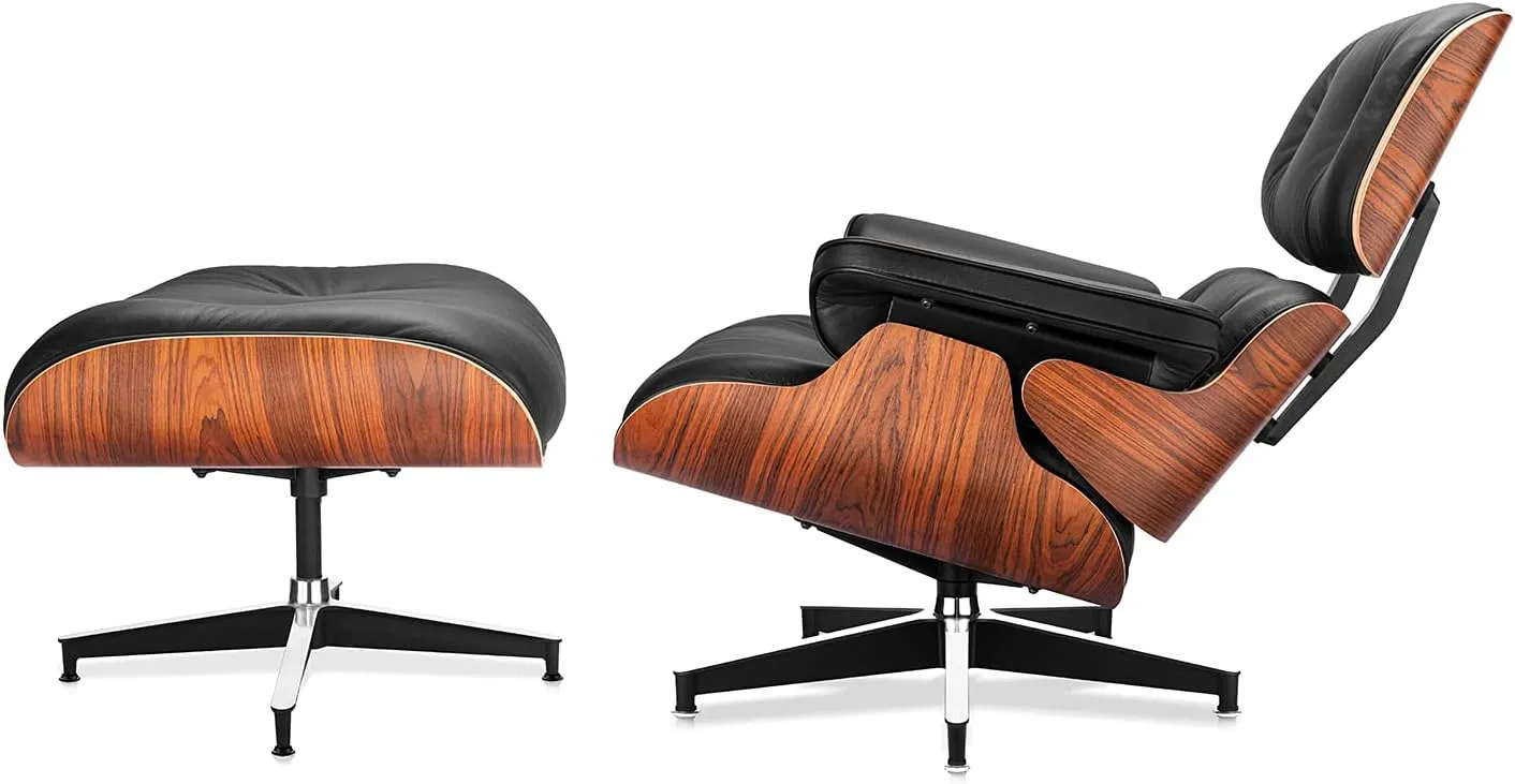 Mid Century Chaise Lounge Chair and Ottoman Top Grain Leather Classic Accent Chairs 360° swivel base with 15° Perma-tilt Quality Wooden Shell Lounge Chair for Living Room Study Reading - Palisander
