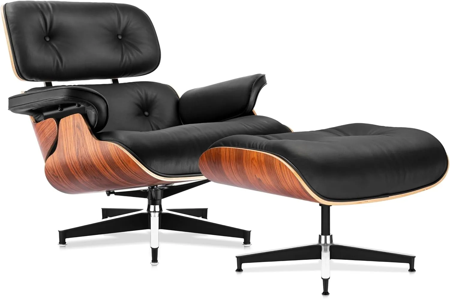 Mid Century Chaise Lounge Chair and Ottoman Top Grain Leather Classic Accent Chairs 360° swivel base with 15° Perma-tilt Quality Wooden Shell Lounge Chair for Living Room Study Reading - Palisander