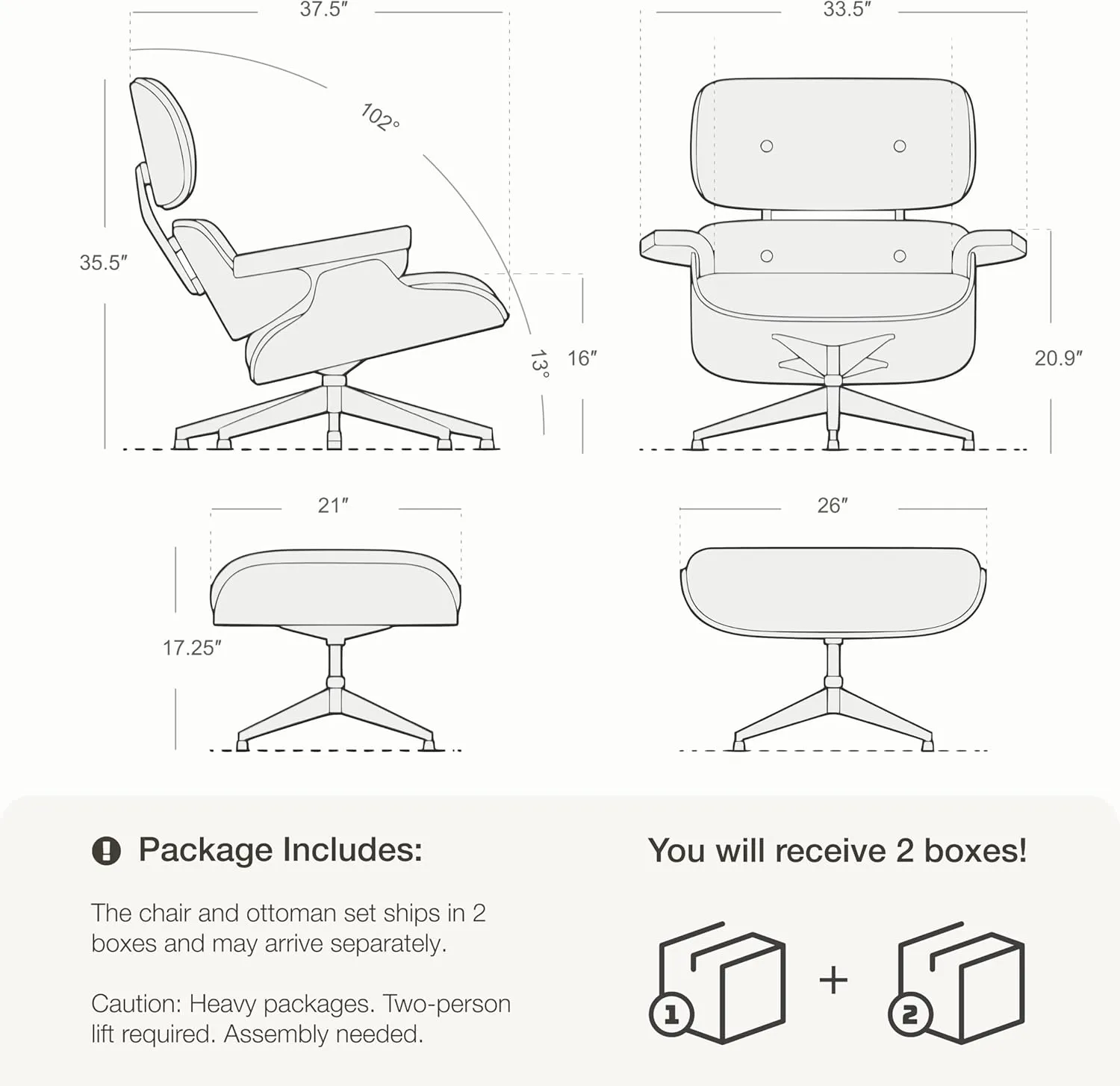Mid Century Chaise Lounge Chair and Ottoman Top Grain Leather Classic Accent Chairs 360° swivel base with 15° Perma-tilt Quality Wooden Shell Lounge Chair for Living Room Study Reading - Palisander
