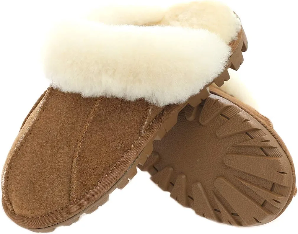 Millffy Unisex Comfy Sheepskin Leather Slippers Women's Handmade Wool Cuff Slippers Shoes for Men Indoor/Outdoor