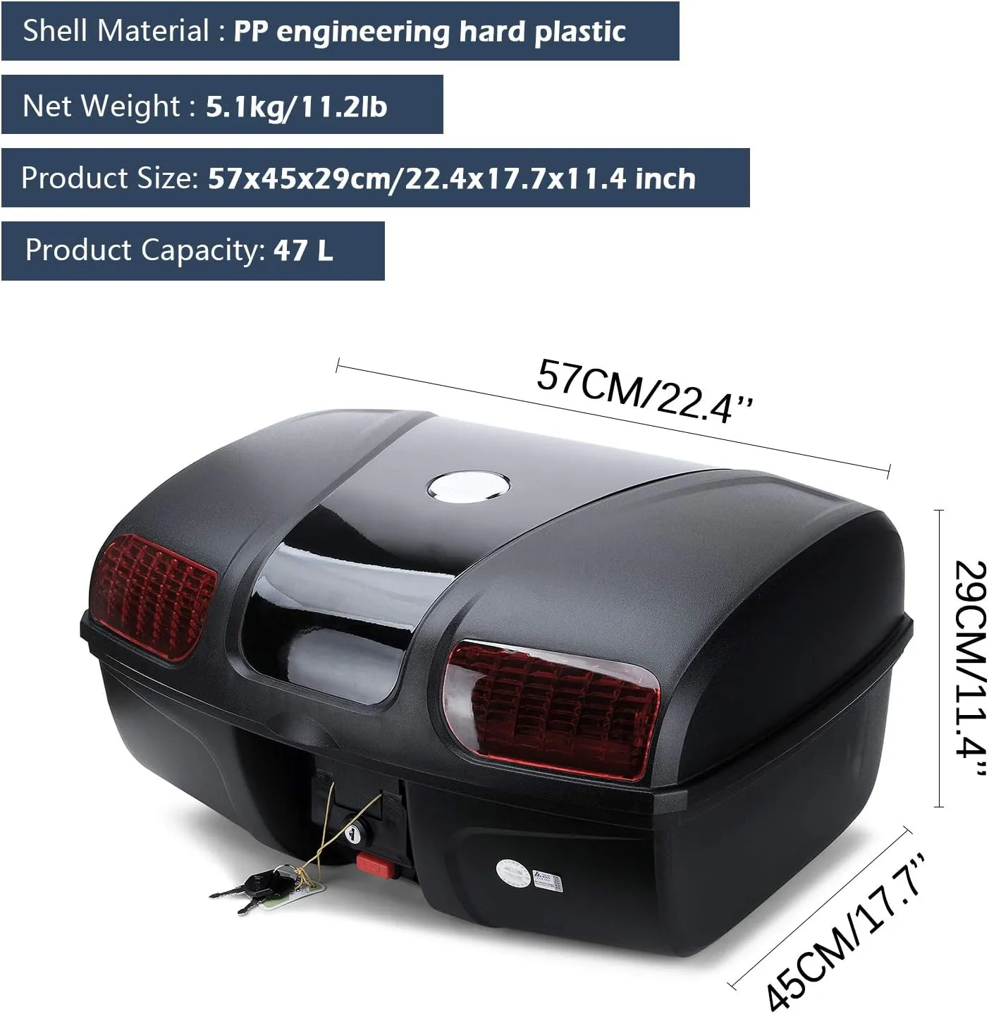 Mingting Universal Motorcycle Rear Top Box Tail Trunk Luggage Case,47 Litre Hard Case with Mounting Hardware, Black