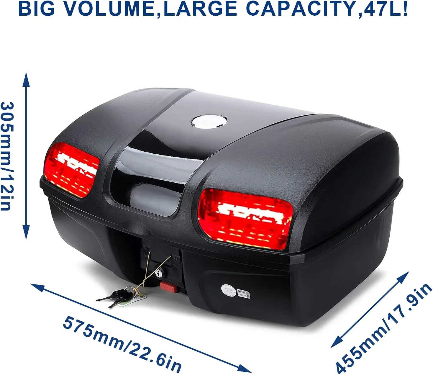 Mingting Universal Motorcycle Rear Top Box Tail Trunk Luggage Storage Case,47 Litre Hard Case with Mounting Hardware,with LED Light,Black