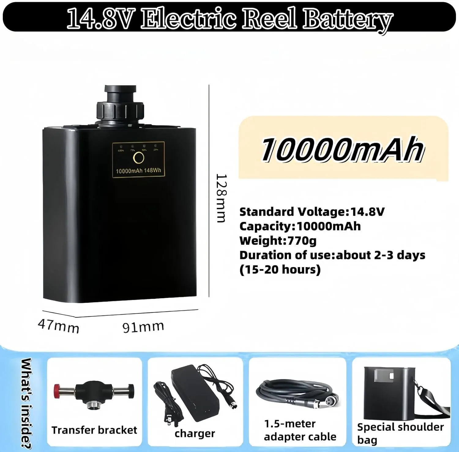 Mini 14.8V 10000mAh Motorized Reel Battery,Aluminum Alloy Rustproof,with 4.92FT 2 Pin Plug Cord Compatible with Daiwa,Shimano & 14.8V Reels